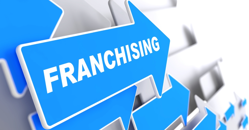 Franchising - Business Background. Blue Arrow with "Franchising" Slogan on a Grey Background. 3D Render.